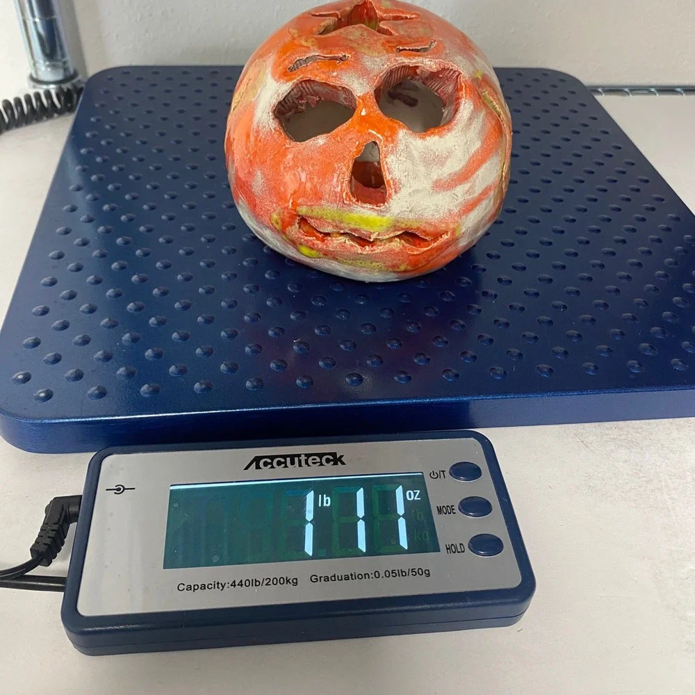 Handmade‎ Ceramic Ugly Face Jack-O-Lantern  Candle Holder Orange Glazed Folk Art
